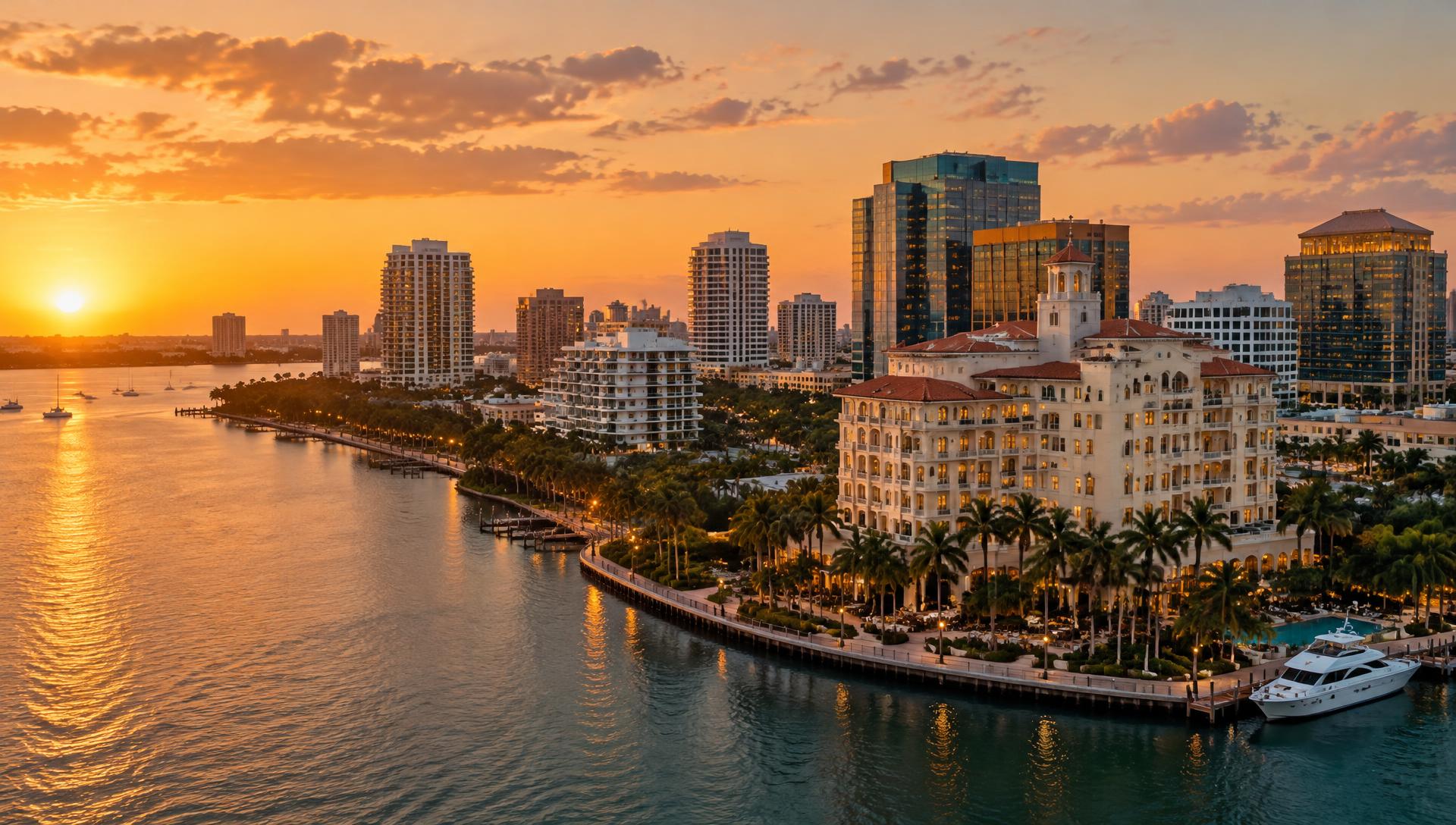 Waterfront skyline at sunset